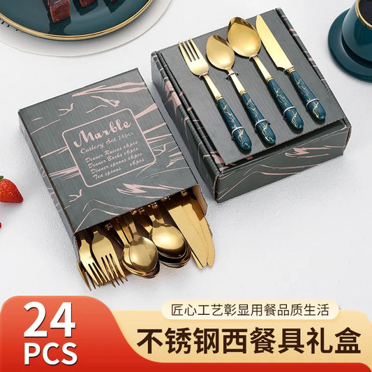 „Exquisites 24-teiliges Edelstahl-Besteckset mit Marmorgriff für gehobene Anlässe“