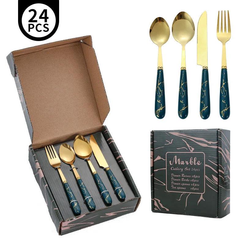 „Exquisites 24-teiliges Edelstahl-Besteckset mit Marmorgriff für gehobene Anlässe“