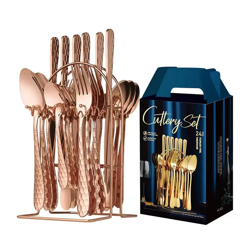 Edelstahl Besteckset mit Hammermuster und Keramikgriff – 24-teiliges Design für anspruchsvolle Tischkultur