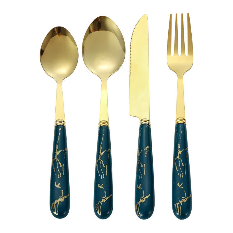 „Exquisites 24-teiliges Edelstahl-Besteckset mit Marmorgriff für gehobene Anlässe“